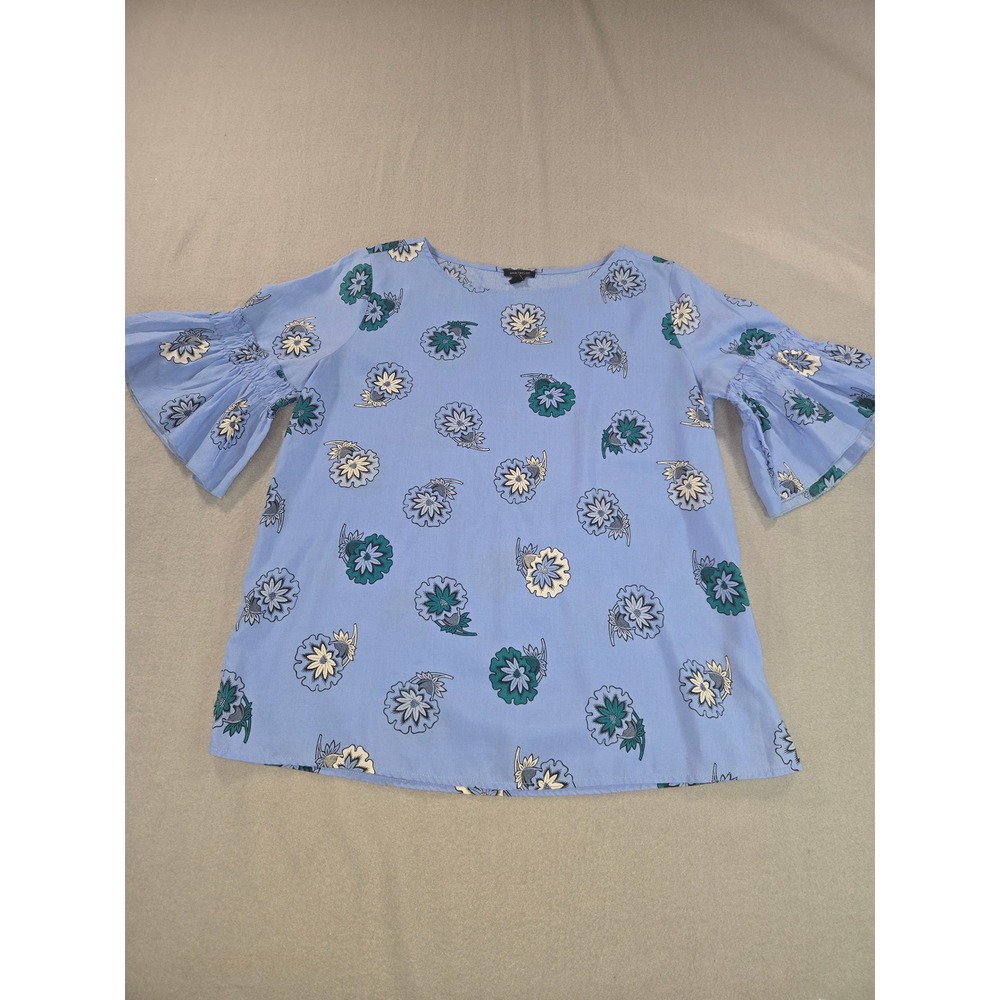 Ann Taylor Blouse Women S Blue Floral Tiered Bell Sleeve Lyocell Boat Neck‎ Top